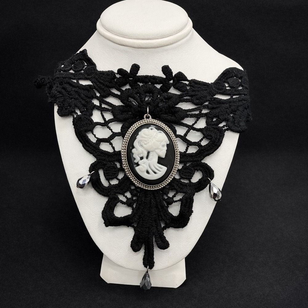 Black Lace Cameo‎ Choker Necklace Gothic Victorian Collar Bib Goth Whimsigoth